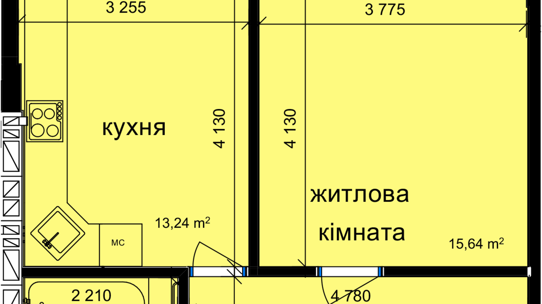 Планировка 1-комнатной квартиры в Клубний квартал Феофания-park 42.33 м², фото 471409