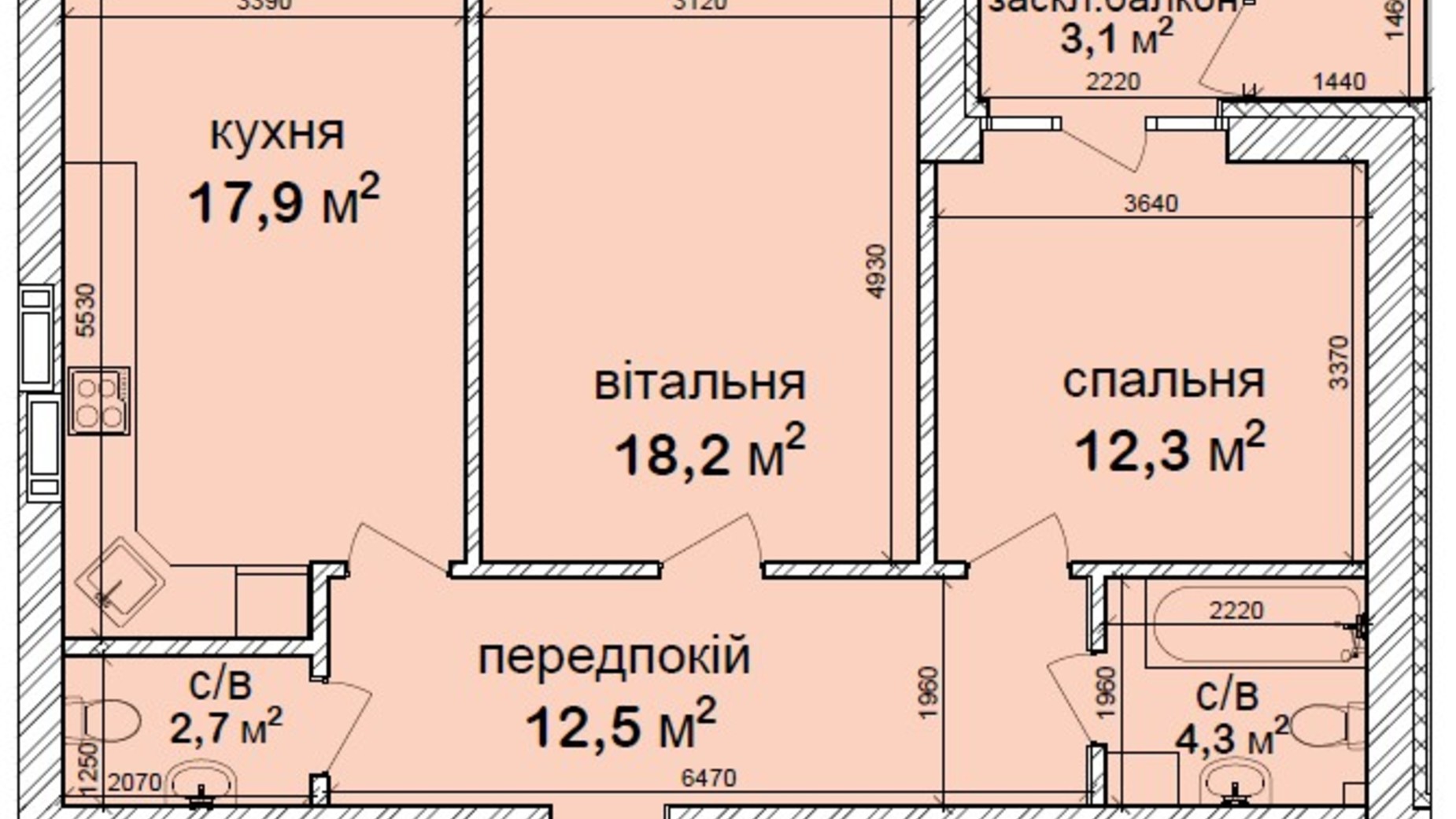 Планування 2-кімнатної квартири в Клубний квартал Феофанія-park 71 м², фото 471463