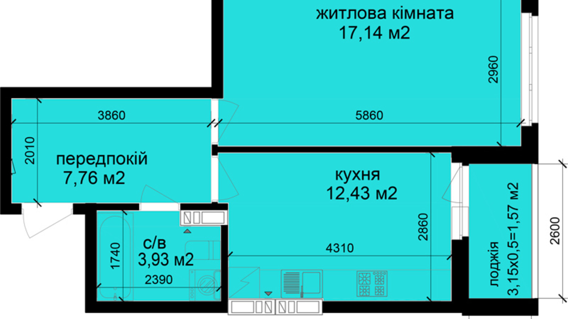 Планировка 1-комнатной квартиры в Клубний квартал Феофания-park 42.83 м², фото 471500