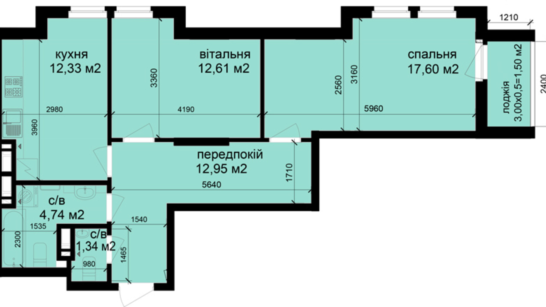 Планування 2-кімнатної квартири в Клубний квартал Феофанія-park 63.07 м², фото 471507