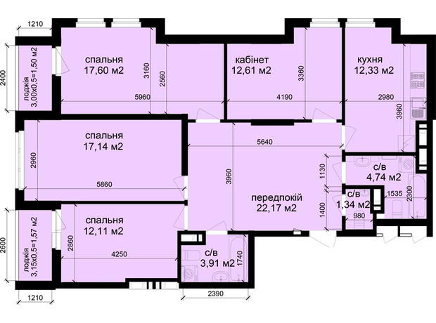 Клубний квартал Феофания-park: планировка 4-комнатной квартиры 107.02 м²