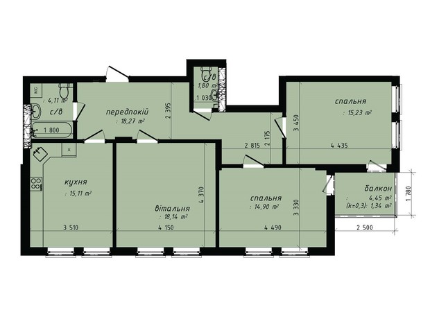 Клубний квартал Феофания-park: планировка 3-комнатной квартиры 88.9 м²