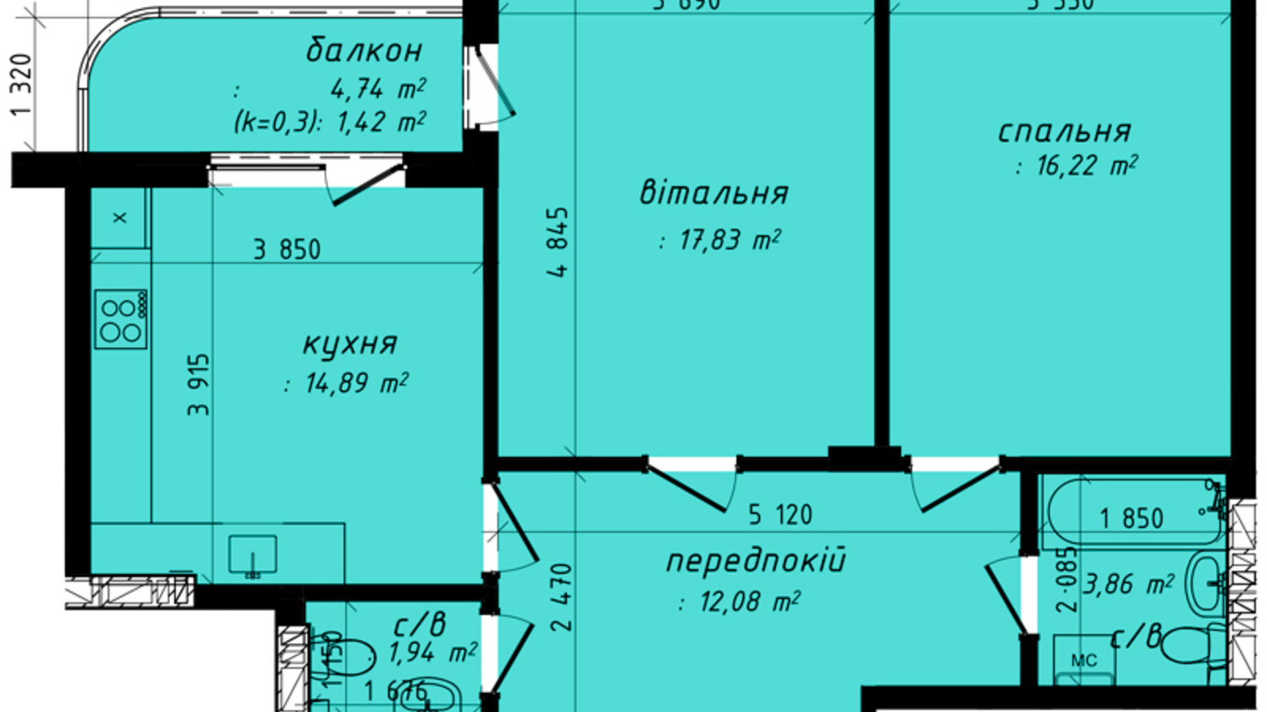 Планировка 2-комнатной квартиры в Клубний квартал Феофания-park 68.24 м², фото 471521
