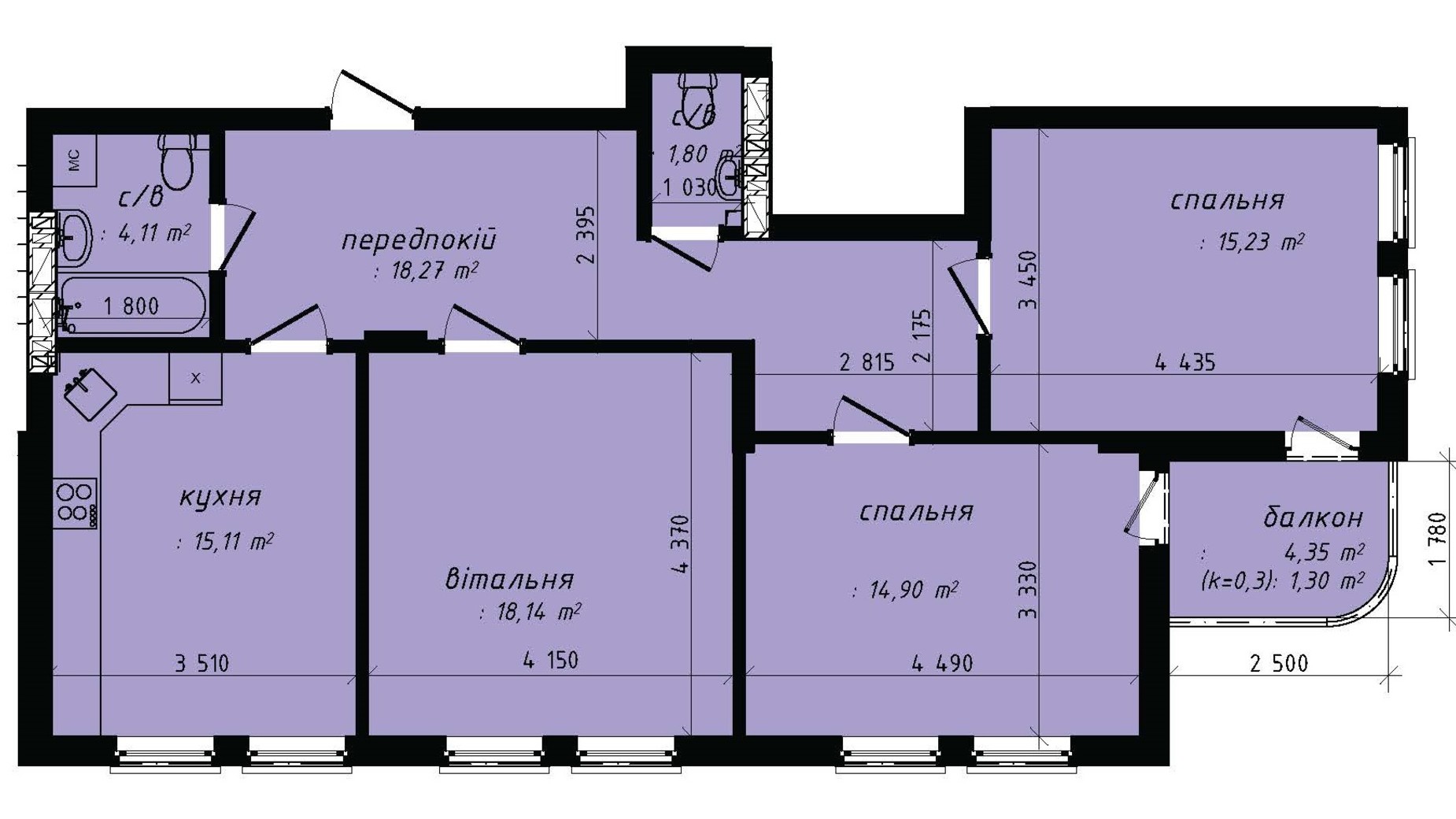 Планировка 3-комнатной квартиры в Клубний квартал Феофания-park 88.86 м², фото 471526