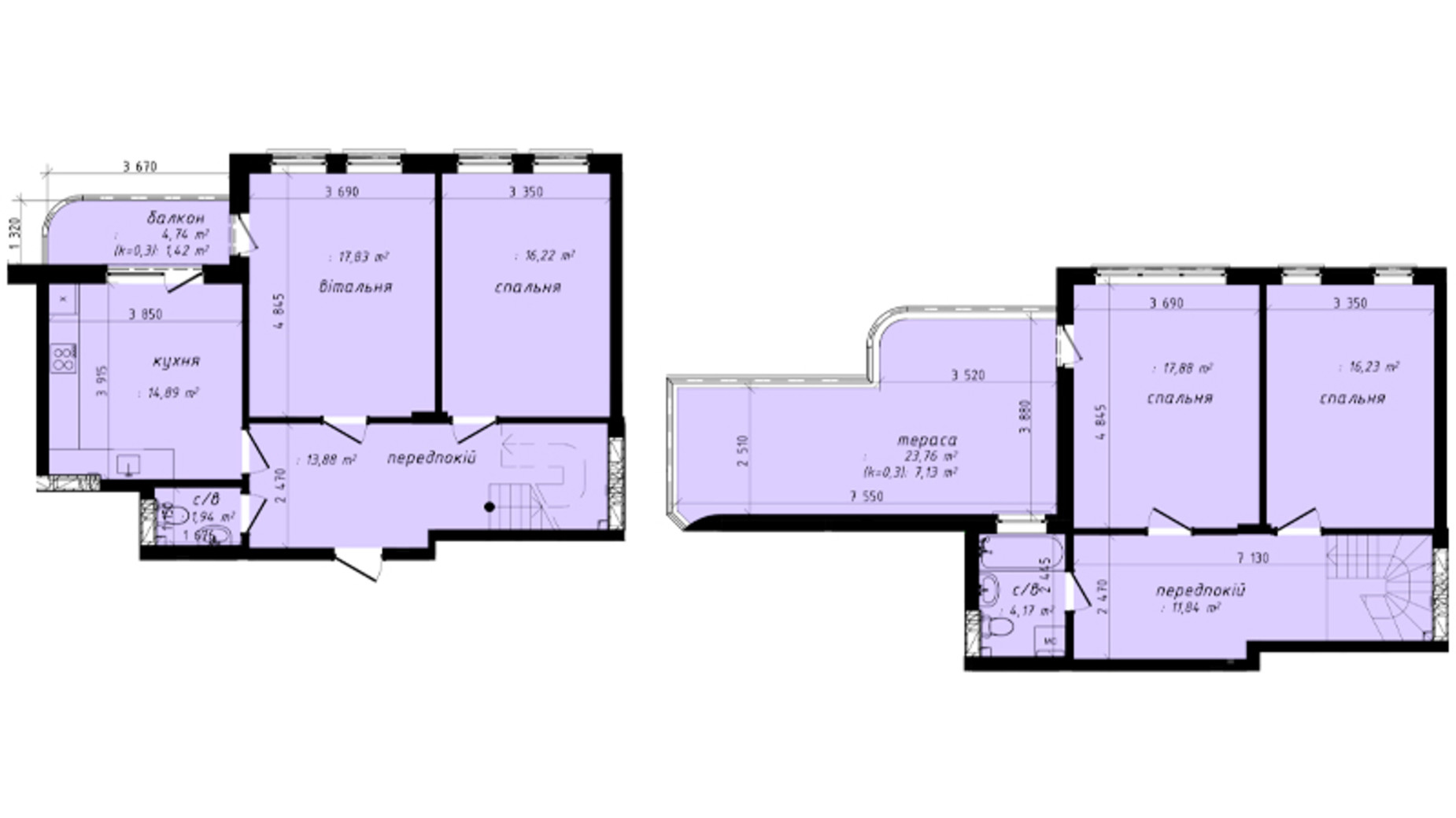 Планировка много­уровневой квартиры в Клубний квартал Феофания-park 123.43 м², фото 471528