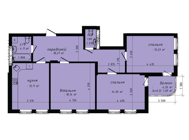 Клубний квартал Феофания-park: планировка 3-комнатной квартиры 88.86 м²