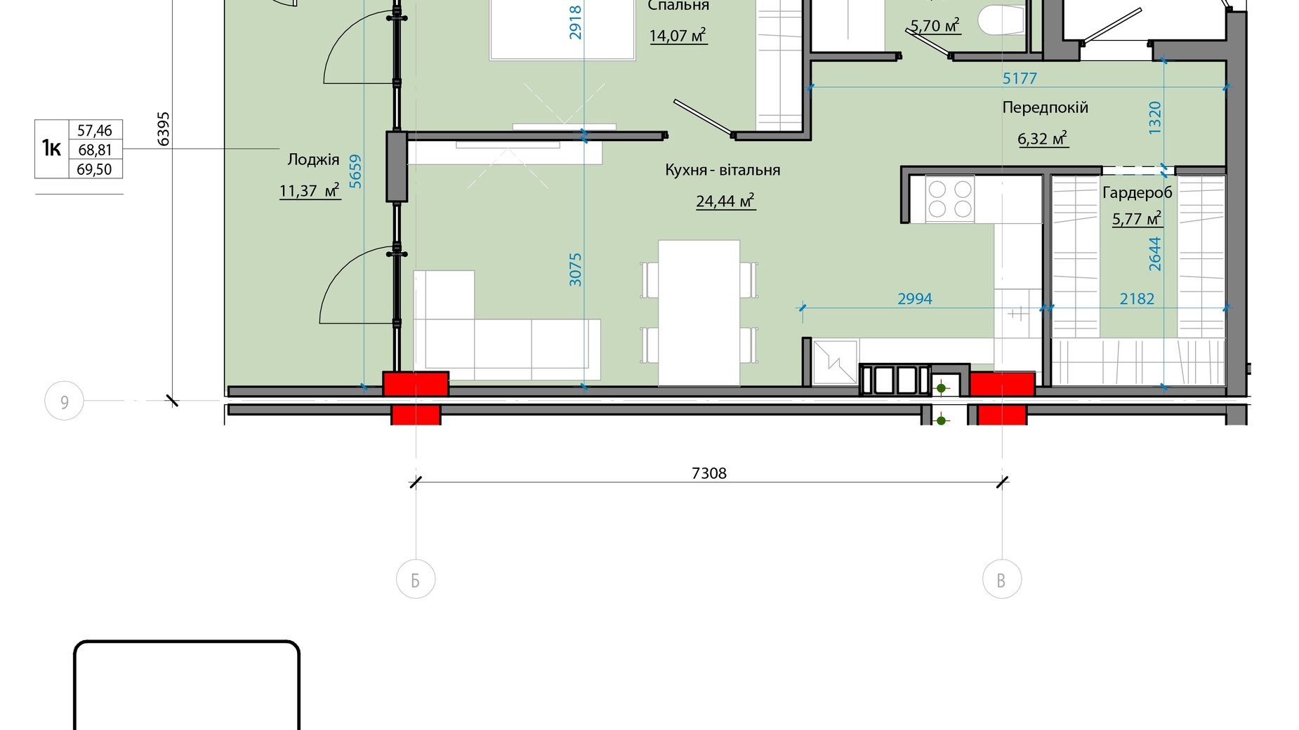 Планировка 1-комнатной квартиры в ЖК Avenue 25 68.88 м², фото 471558