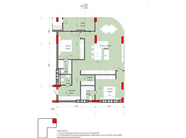 ЖК Avenue 25: планировка 2-комнатной квартиры 115.06 м²
