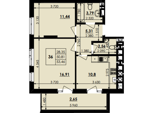 ЖК Soloway: планування 2-кімнатної квартири 53.46 м²