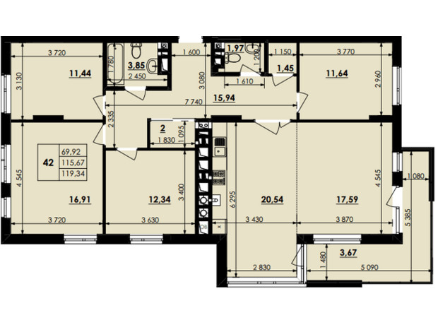 ЖК Soloway: планування 4-кімнатної квартири 119.34 м²