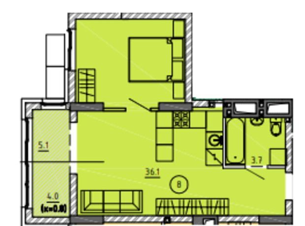 ЖК Городок : планировка 1-комнатной квартиры 36.1 м²