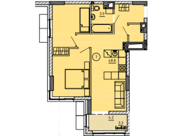 ЖК Городок : планировка 2-комнатной квартиры 48.8 м²