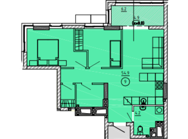 ЖК Городок : планировка 2-комнатной квартиры 54.9 м²