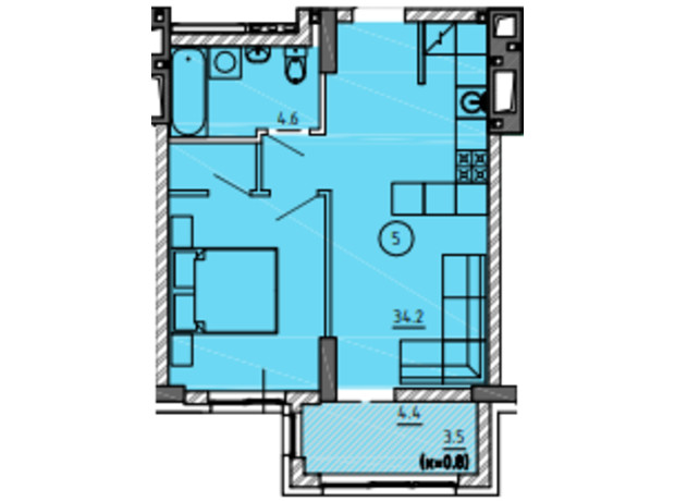 ЖК Городок : планування 1-кімнатної квартири 34.2 м²