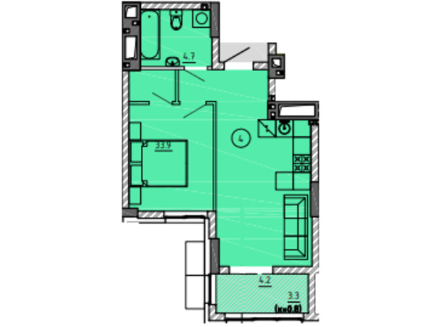ЖК Городок : планировка 1-комнатной квартиры 33.9 м²