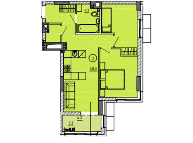 ЖК Городок : планування 2-кімнатної квартири 48.3 м²