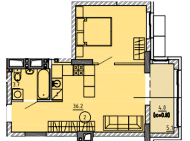 ЖК Городок : планировка 1-комнатной квартиры 36.2 м²