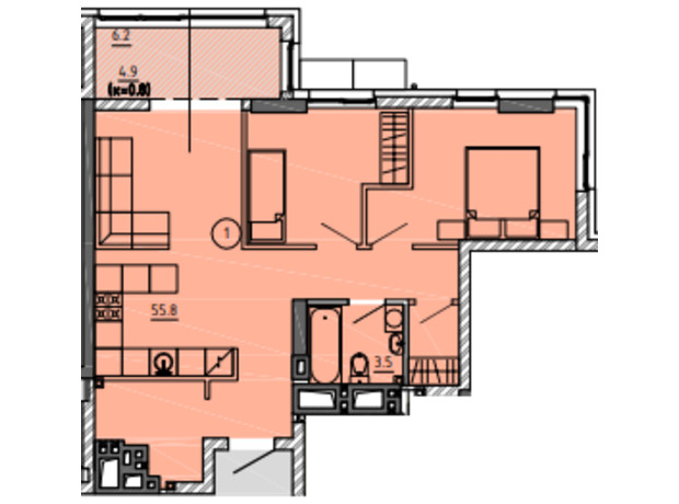 ЖК Городок : планування 2-кімнатної квартири 55.8 м²
