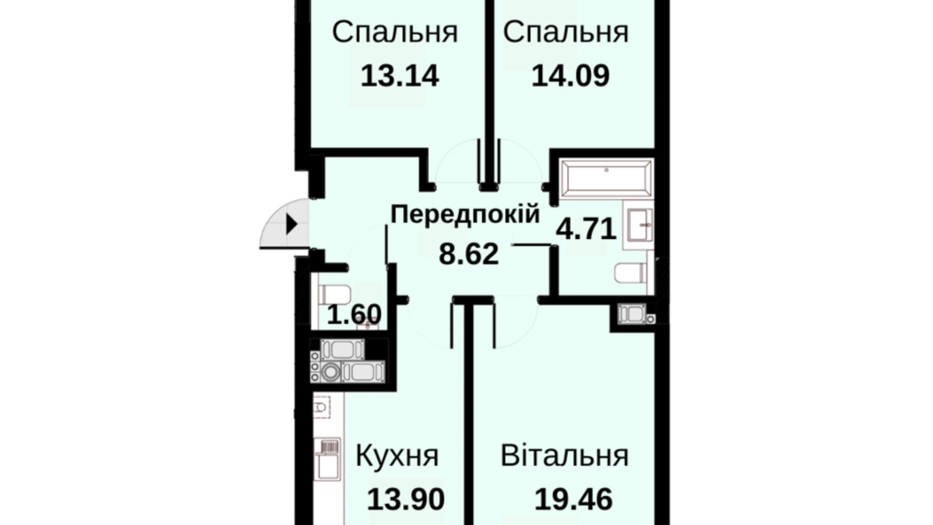 Планування 2-кімнатної квартири в ЖК Княжий Холл 80.4 м², фото 474078