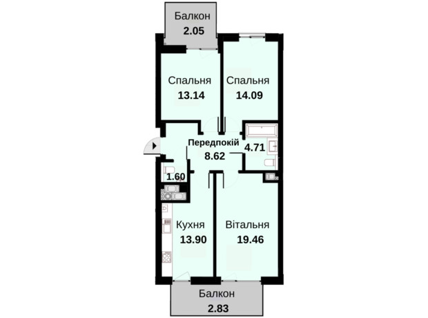 ЖК Княжий Холл: планування 2-кімнатної квартири 80.4 м²
