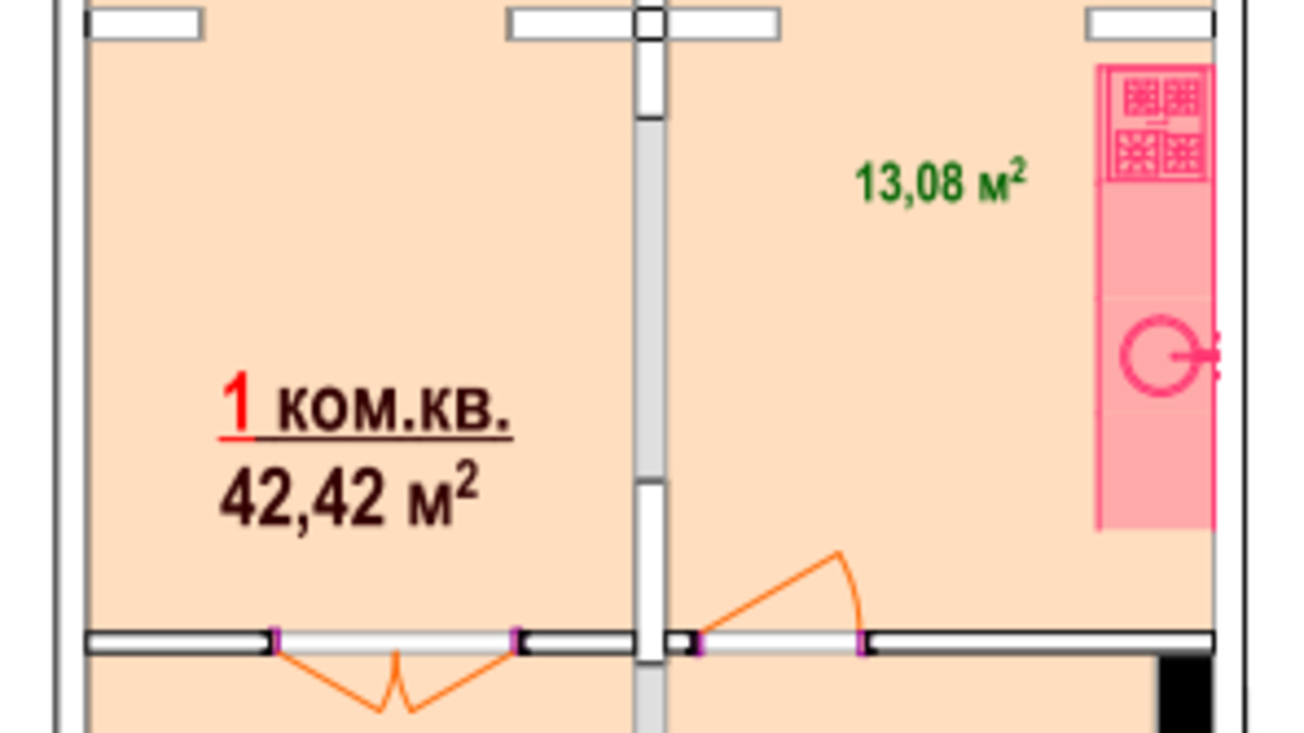 Планировка 1-комнатной квартиры в ЖК Казак Сити 42.42 м², фото 47461