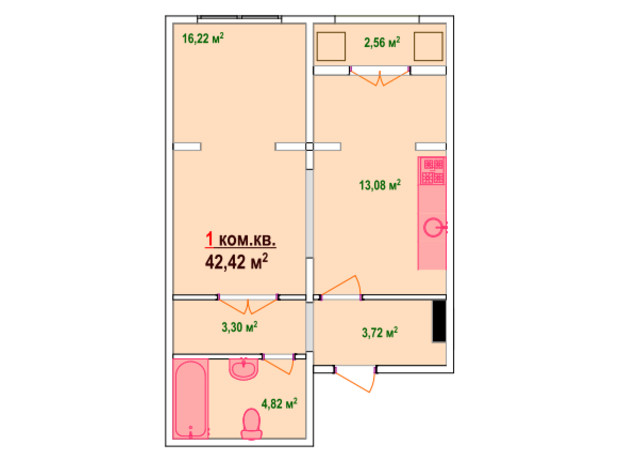 ЖК Казак Сити: планировка 1-комнатной квартиры 42.42 м²