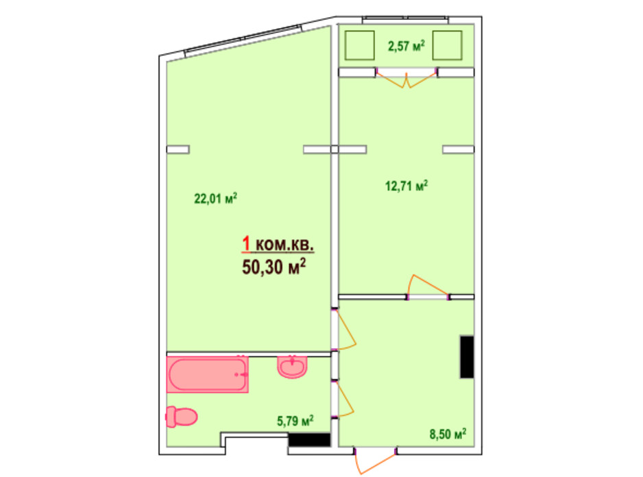 Планировка 1-комнатной квартиры в ЖК Казак Сити 50.3 м², фото 47462 Планировка 1-комнатной квартиры в ЖК Казак Сити 50.3 м², фото 47462