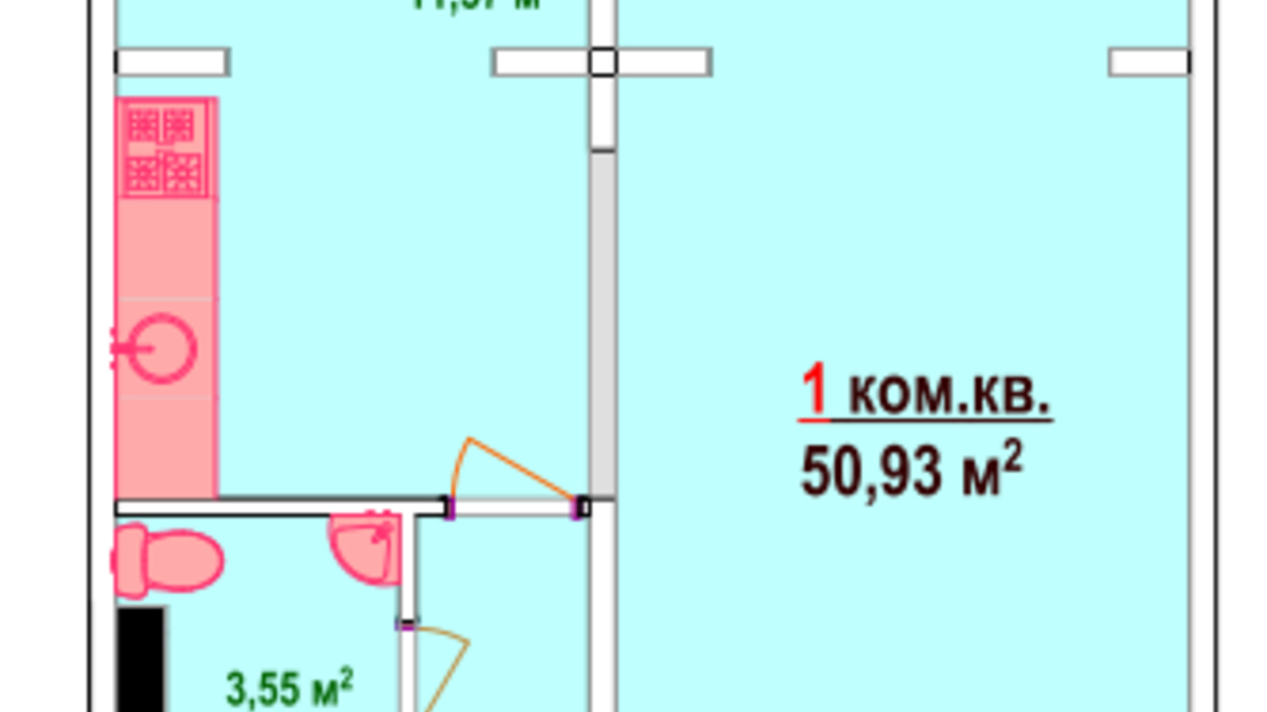 Планировка 1-комнатной квартиры в ЖК Казак Сити 50.93 м², фото 47463