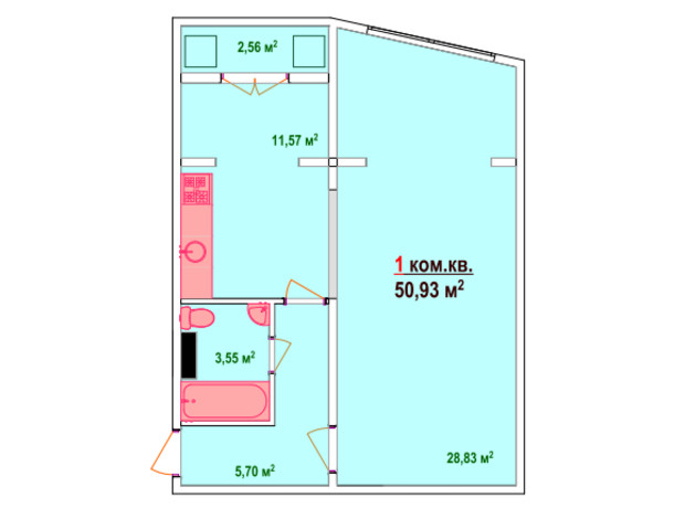 ЖК Казак Сити: планировка 1-комнатной квартиры 50.93 м²