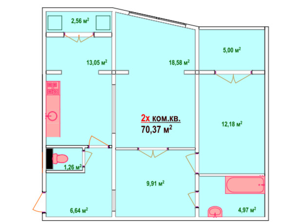 ЖК Казак Сити: планировка 2-комнатной квартиры 70.37 м²