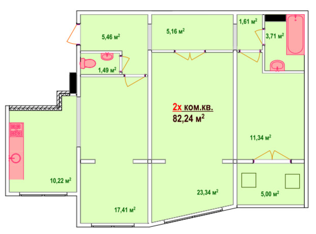 ЖК Козак Сіті: планування 2-кімнатної квартири 82.24 м²