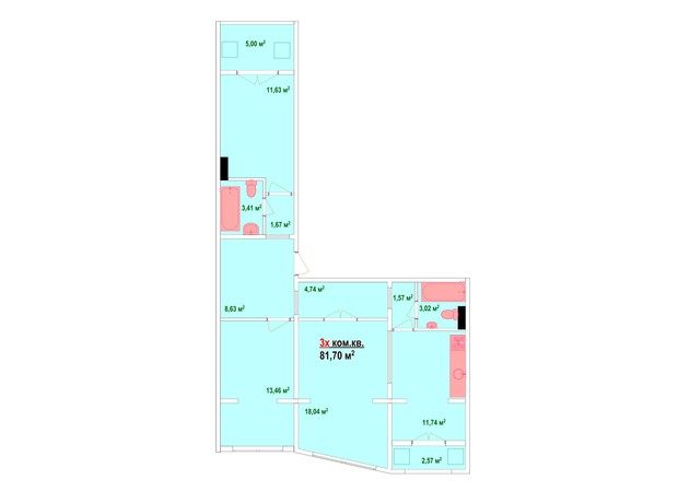 ЖК Казак Сити: планировка 3-комнатной квартиры 81.7 м²