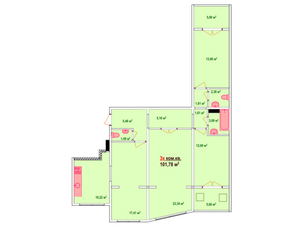 ЖК Козак Сіті: планування 3-кімнатної квартири 101.78 м²