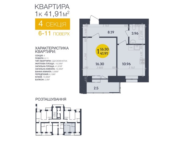 ЖК Династія: планування 1-кімнатної квартири 41.91 м²