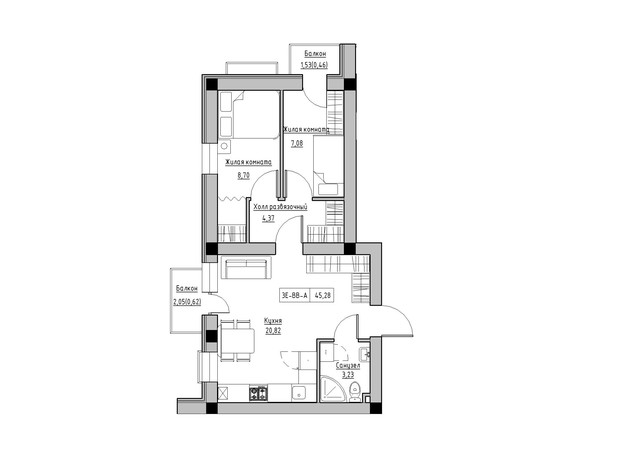 ЖК KEKS: планування 3-кімнатної квартири 45.28 м²