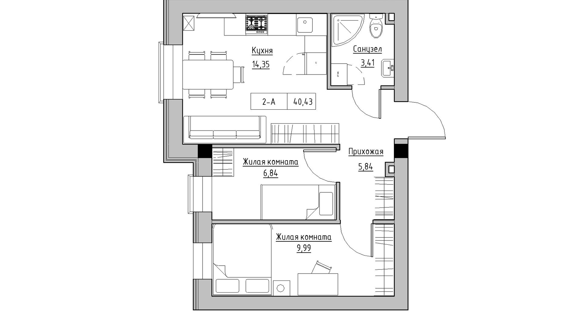 Планування 2-кімнатної квартири в ЖК KEKS 40.43 м², фото 475582