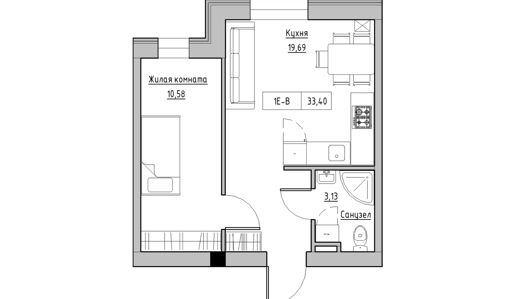 Планування 2-кімнатної квартири в ЖК KEKS 33.4 м², фото 475584