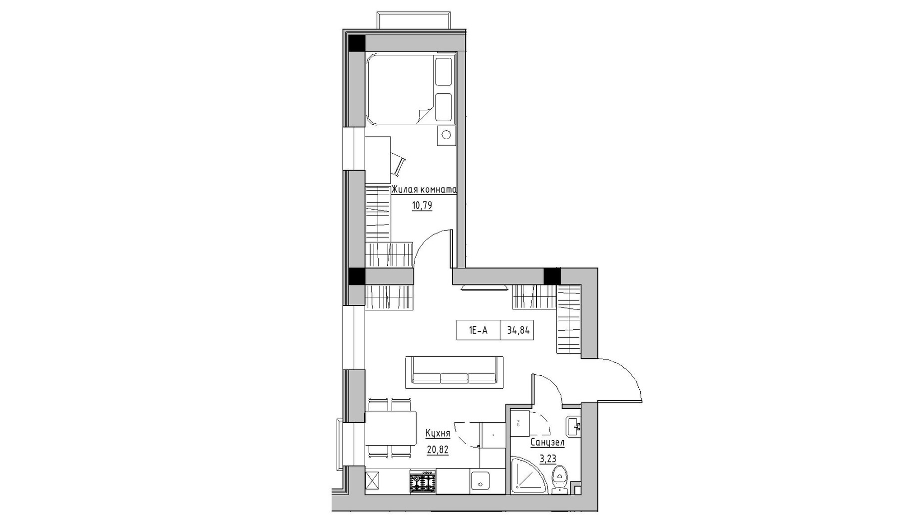 Планування 1-кімнатної квартири в ЖК KEKS 34.84 м², фото 475587