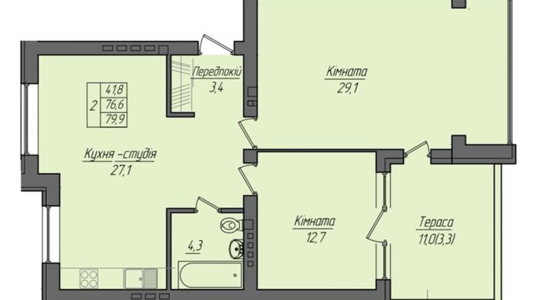 Планировка 2-комнатной квартиры в ЖК Панорама 80.4 м², фото 475691