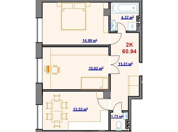 ЖК майдан Шептицького, 8: планування 2-кімнатної квартири 60.94 м²