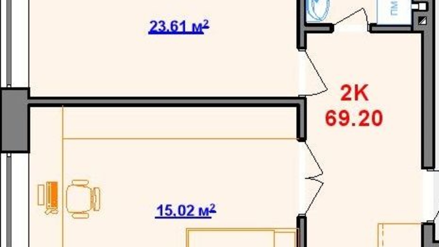 Планировка 2-комнатной квартиры в ЖК площадь Шептицкого, 8 69.2 м², фото 476194