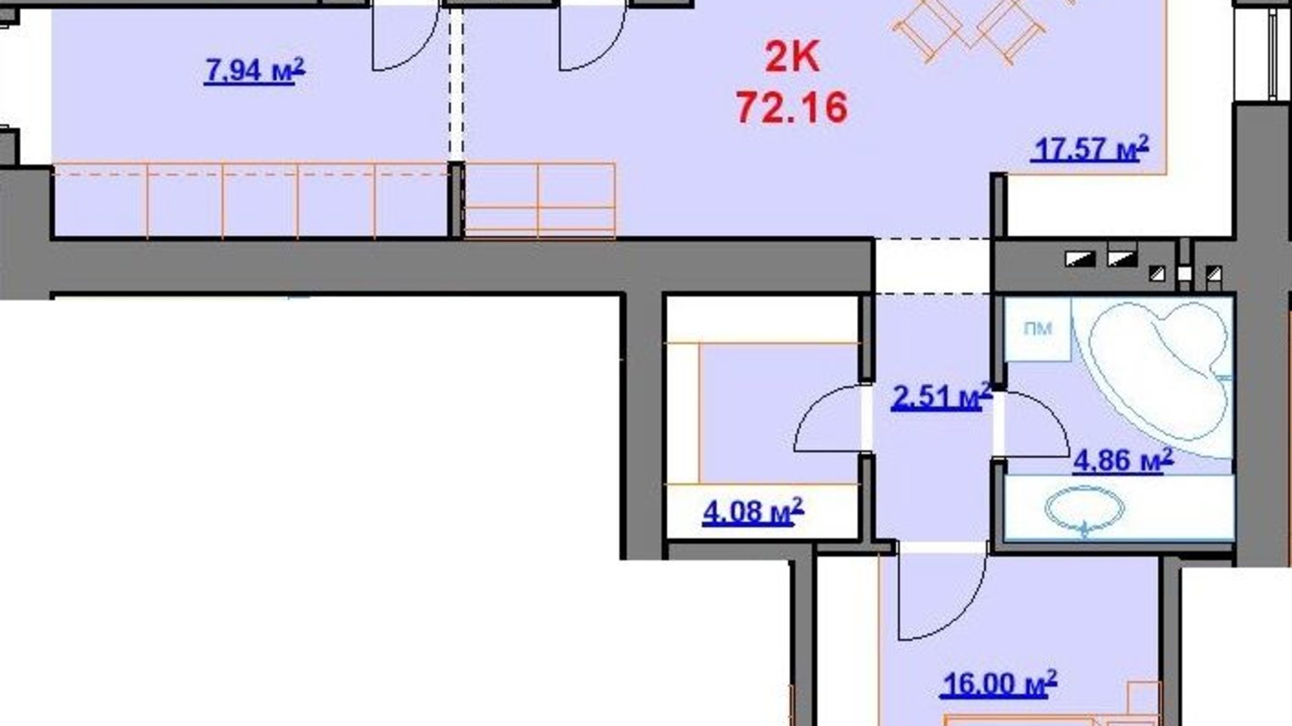 Планировка 2-комнатной квартиры в ЖК площадь Шептицкого, 8 72.16 м², фото 476195