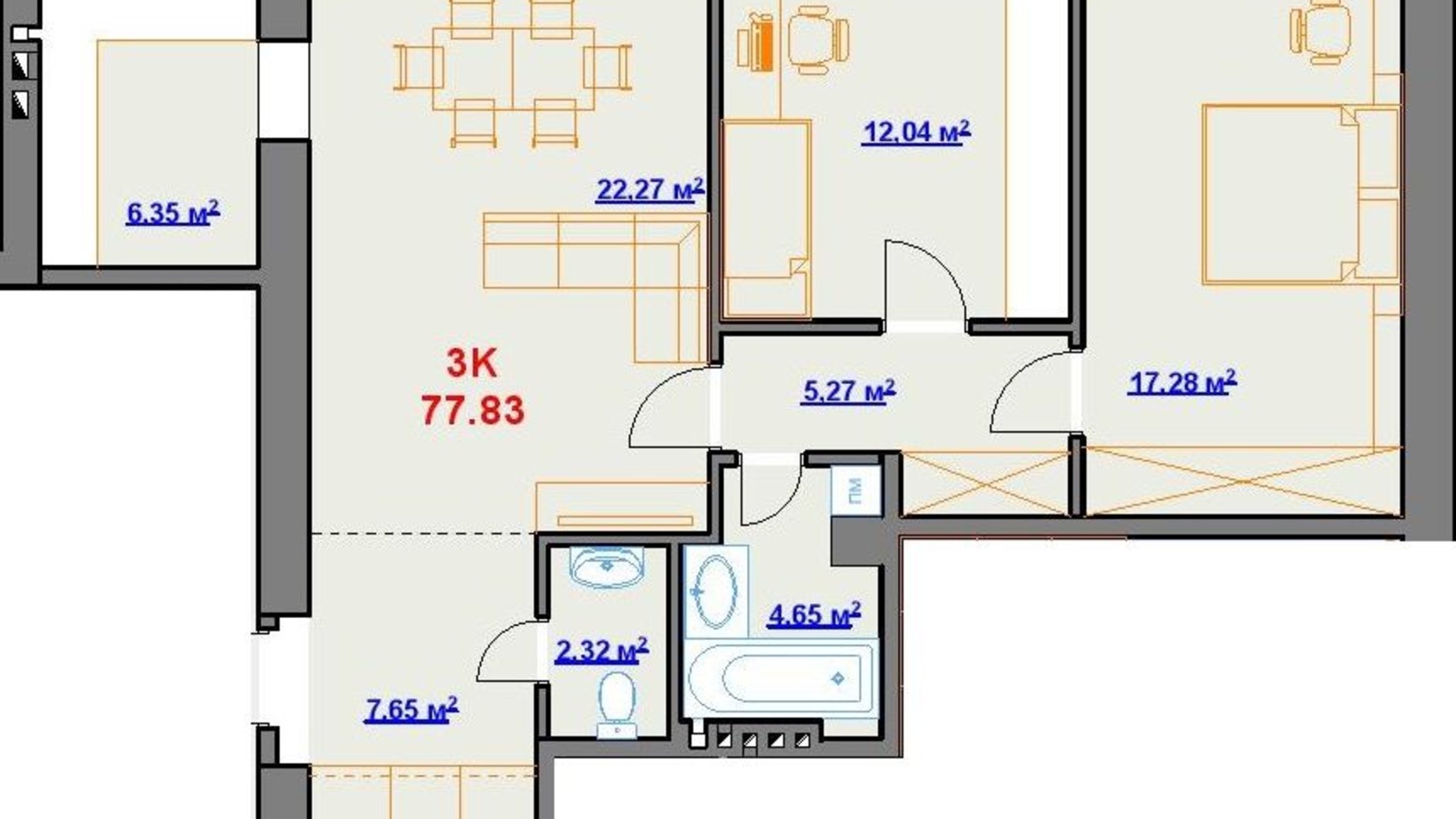 Планировка 3-комнатной квартиры в ЖК площадь Шептицкого, 8 77.83 м², фото 476196