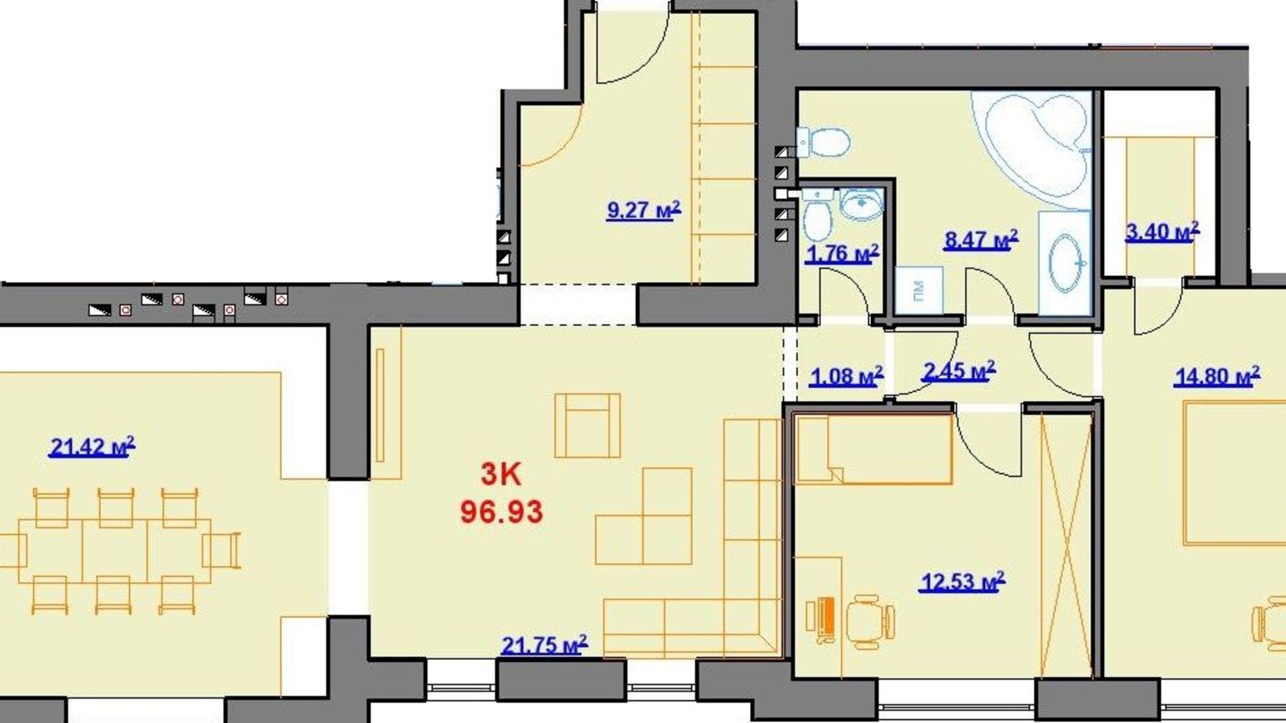 Планировка 3-комнатной квартиры в ЖК площадь Шептицкого, 8 96.93 м², фото 476197