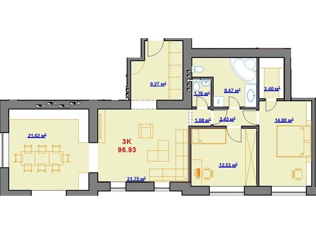 ЖК площадь Шептицкого, 8: планировка 3-комнатной квартиры 96.93 м²