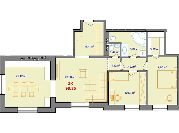 ЖК площадь Шептицкого, 8: планировка 3-комнатной квартиры 99.25 м²