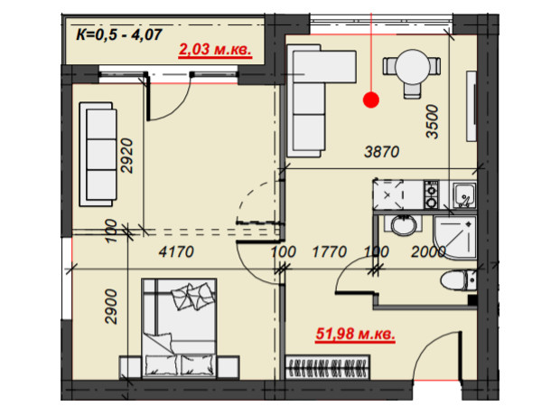 Апарт-комплекс Green Park Polyana: планування 2-кімнатної квартири 54 м²