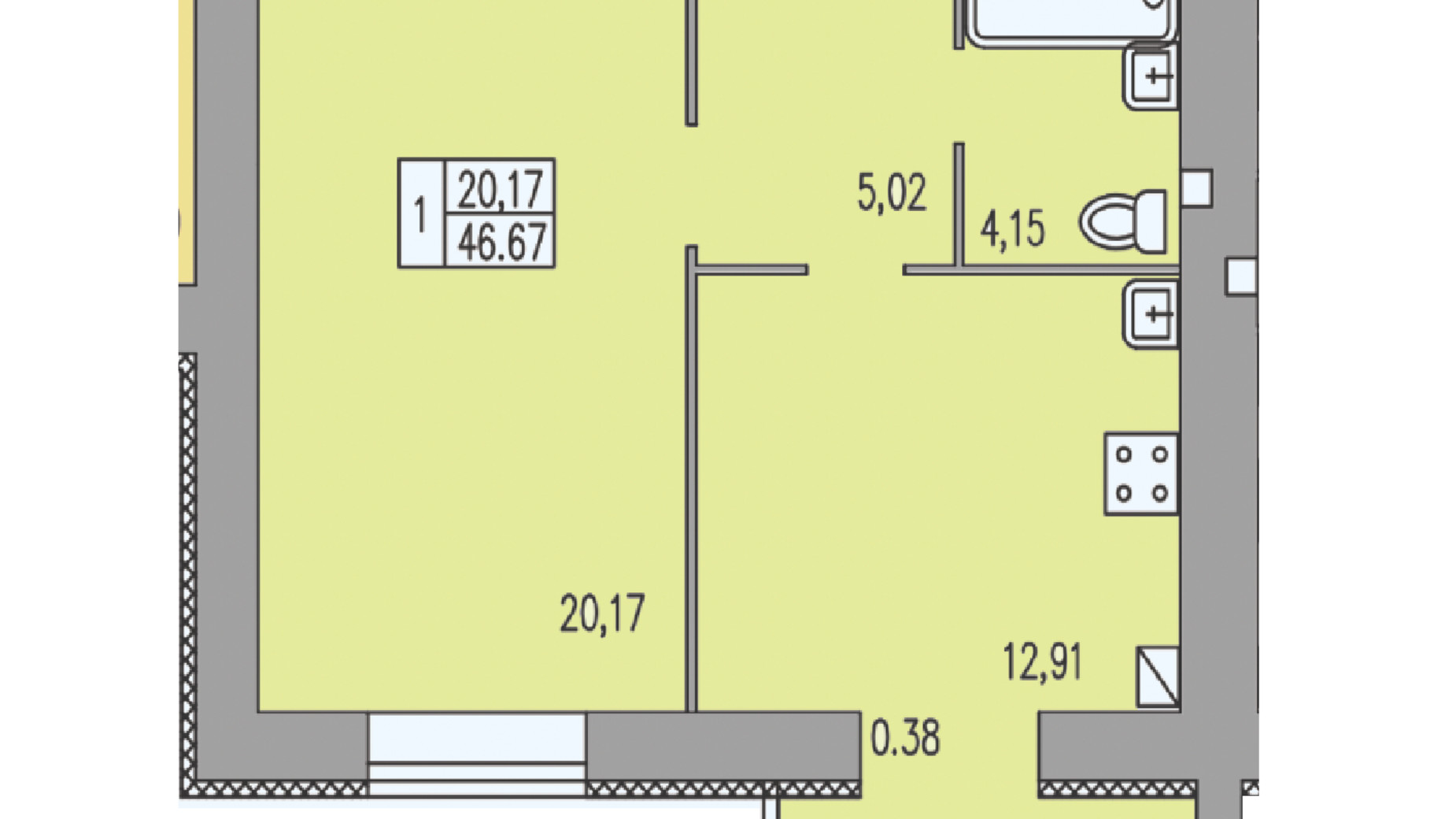 Планування 1-кімнатної квартири в ЖК Прованс 46.67 м², фото 476813