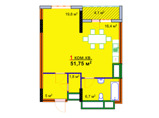 ЖК Моноліт: планування 1-кімнатної квартири 51.75 м²