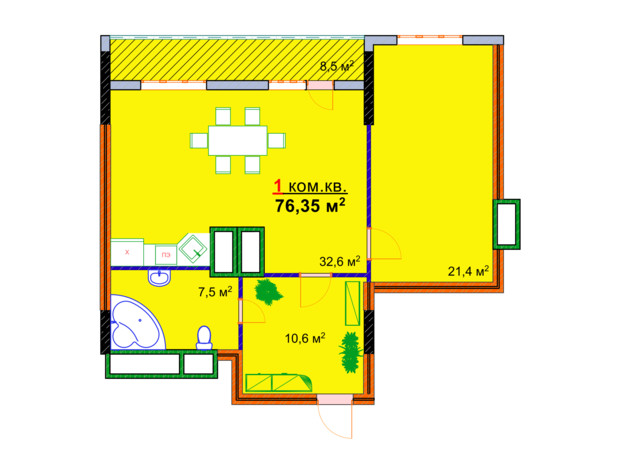 ЖК Моноліт: планування 1-кімнатної квартири 76.35 м²